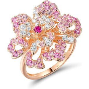 Peony-Pink & White Sterling Silver Gemstone Flower Ring for Women